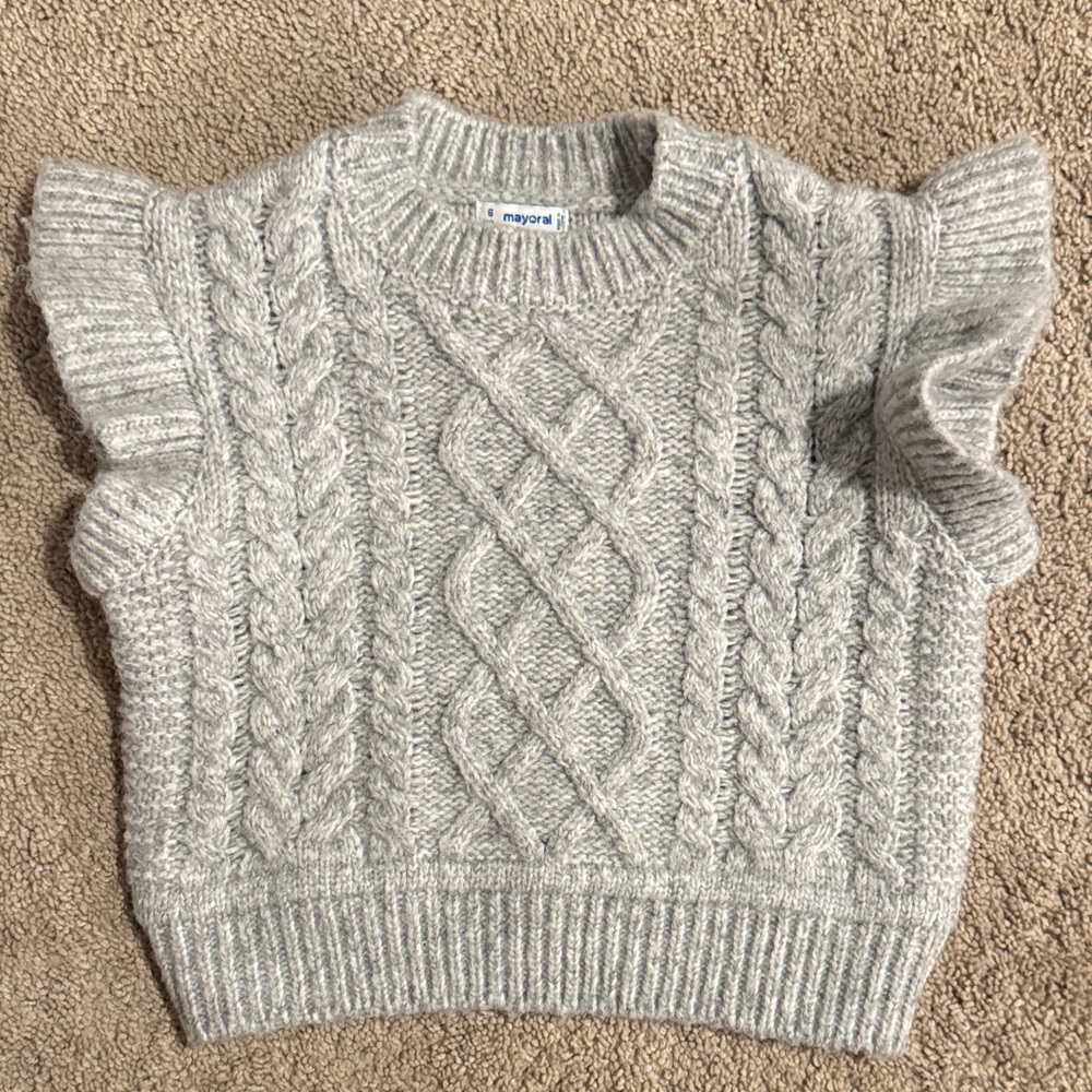 Mayoral Light Gray Cable Knit Sweater with Ruffle Sleeves